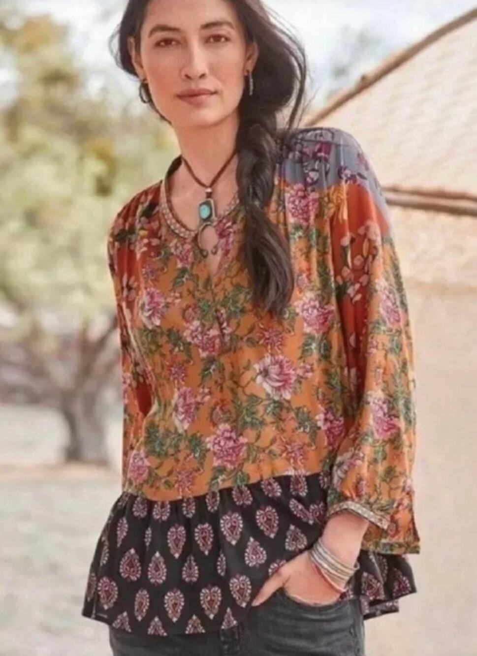 Feathers by Tolani Flowy Silky 100% Modal Floral Boho Pullover Blouse Tunic L